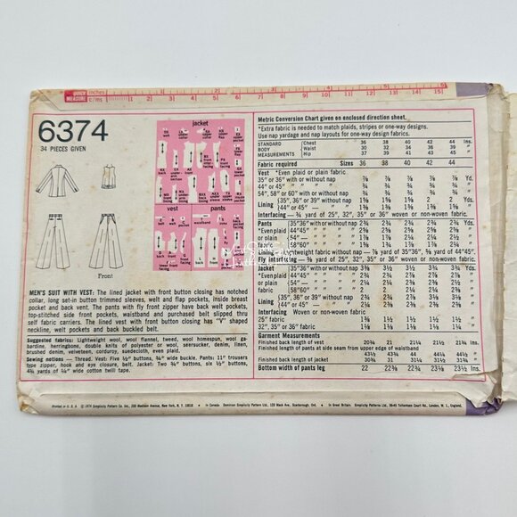 Simplicity 6374 UNCUT Mens Suit With Vest Sewing Pattern Size 36 Vintage 1974 - Picture 3 of 5